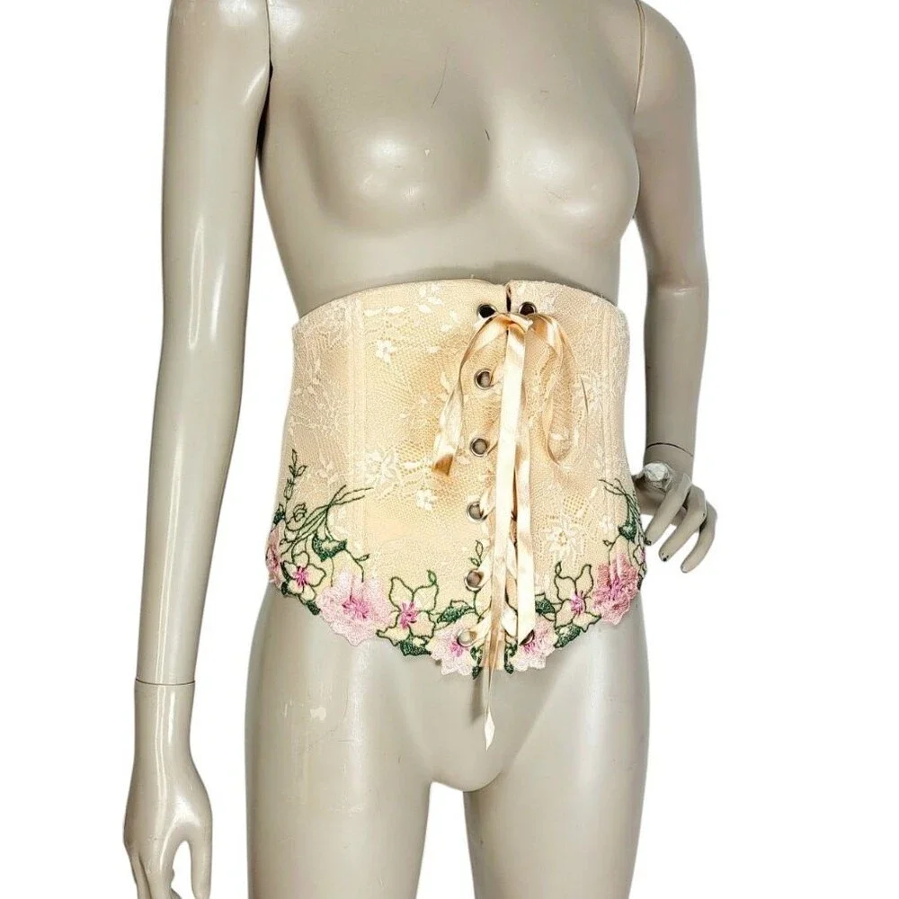 Cacique Renaissance Romantic Floral Lace Ribbon Lace-Up Waist Corset Belt 14/16